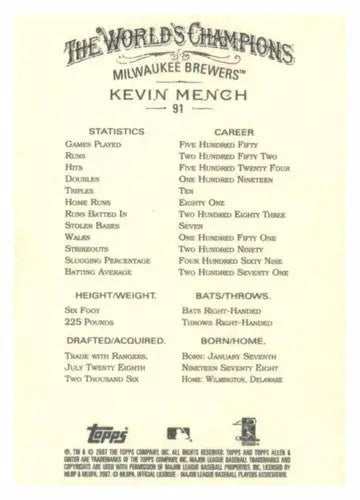 Kevin Mench baseball card from 2007 Topps Allen and Ginter with original gloss