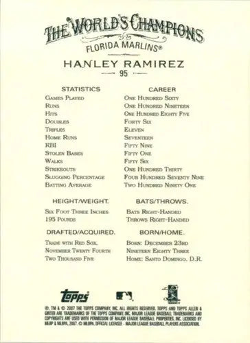 Original gloss Hanley Ramirez baseball card from Topps Allen and Ginter 2007 NM Near Mint
