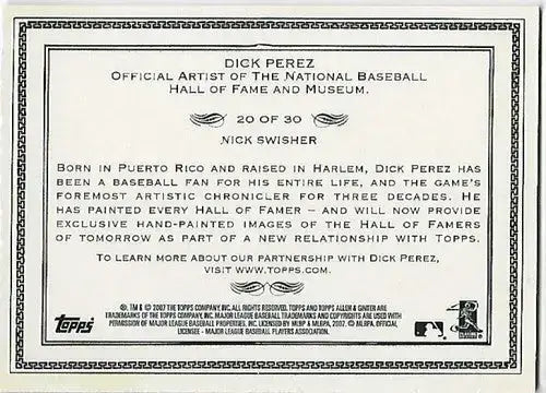 2007 Topps Allen and Ginter Dick Perez Sketches #20 Nick Swisher NM-MT Athletics - Baseball Card Single