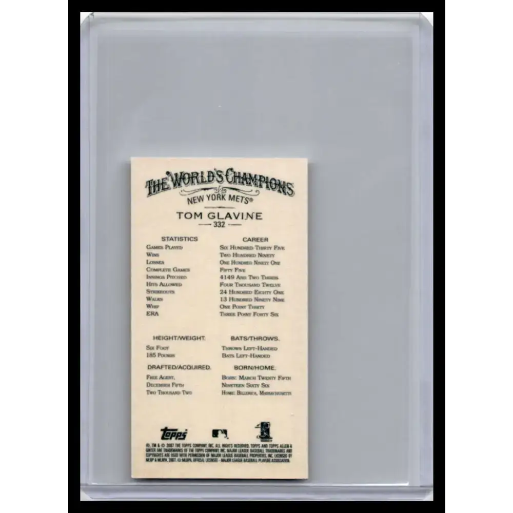 2007 Topps Allen & Ginter #332 Tom Glavine NM-MT New York Mets Baseball Card - Baseball Card Single