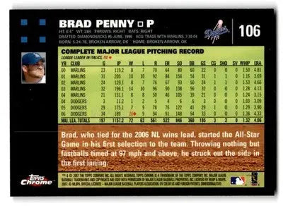 2007 Topps Baseball Chrome Brad Penny #106 Los Angeles Dodgers - Baseball Card Single