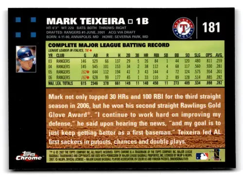 2007 Topps Chrome #181 Mark Teixeira NM-MT Rangers ID:73168 - Baseball Card Single
