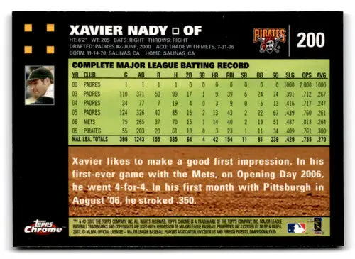 Original gloss Topps Chrome Xavier Nady baseball card from 2007 Pirates collection