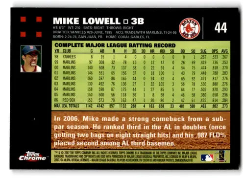 Original gloss Topps Chrome Mike Lowell baseball card from 2007 near mint Red Sox