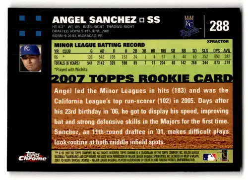 Back of a 2007 Topps Chrome X-Fractor Angel Sanchez rookie card with original gloss