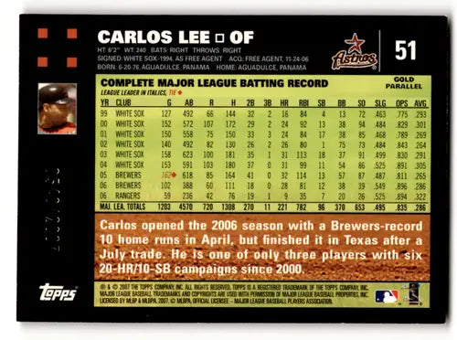 2007 Topps Gold #51 Carlos Lee NM-MT 0540/2007 Astros ID:61539 - Baseball Card Single