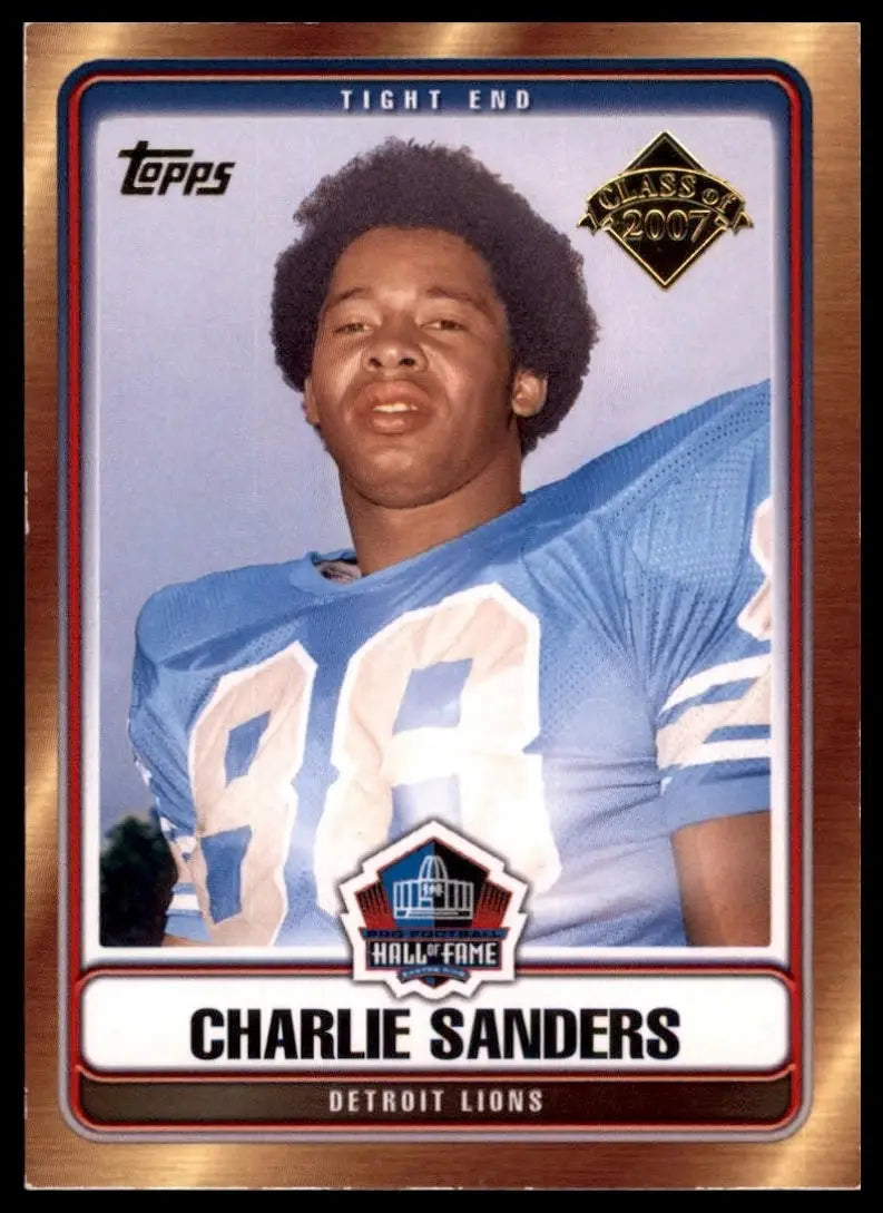 Gold Charlie Sanders football card featuring a blue and white Detroit Lions uniform design