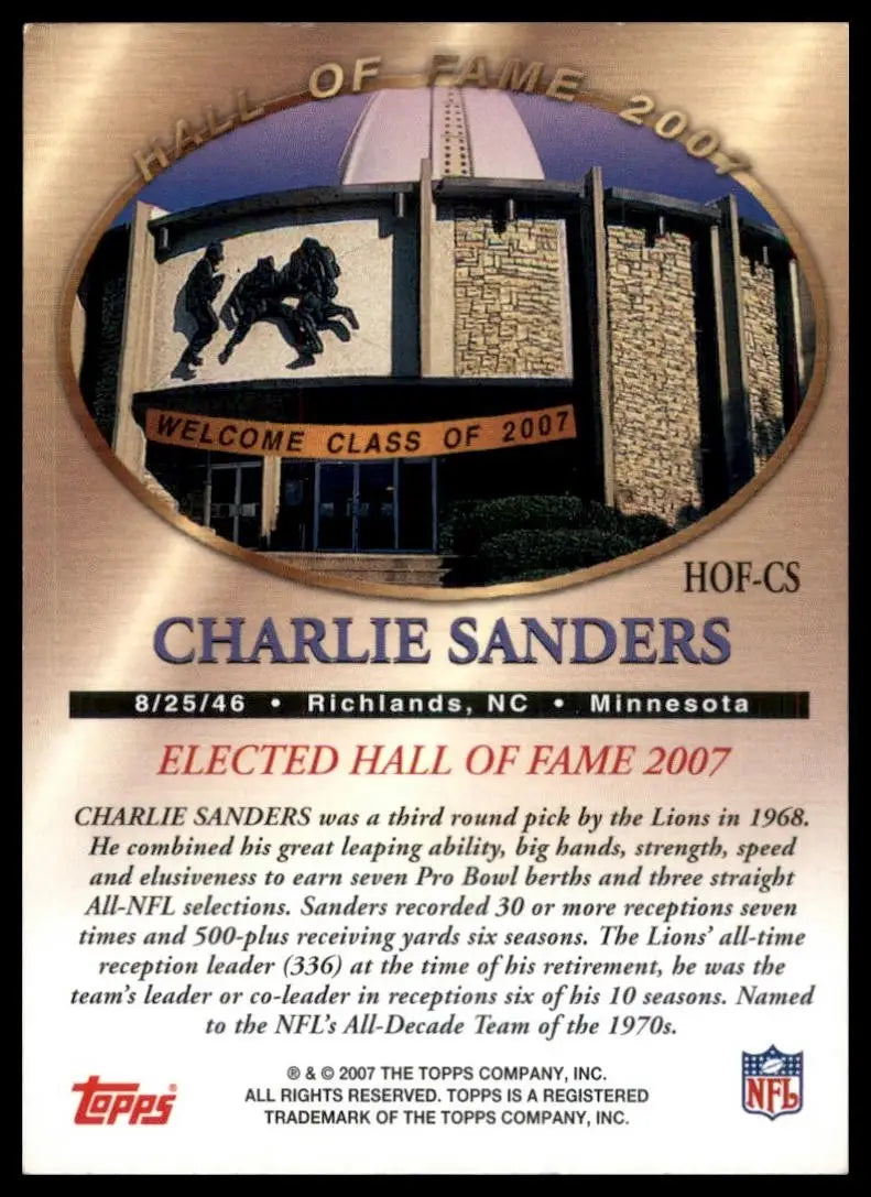 Gold Charlie Sanders Hall of Fame football card with metallic finish and NFL logo