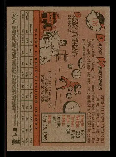 Vintage Topps Heritage baseball card of David Weathers with pitching record and bio
