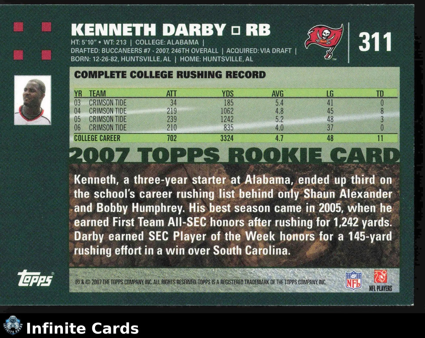 2007 Topps KENNETH DARBY #311 Tampa Bay Buccaneers RC - Football Card Single