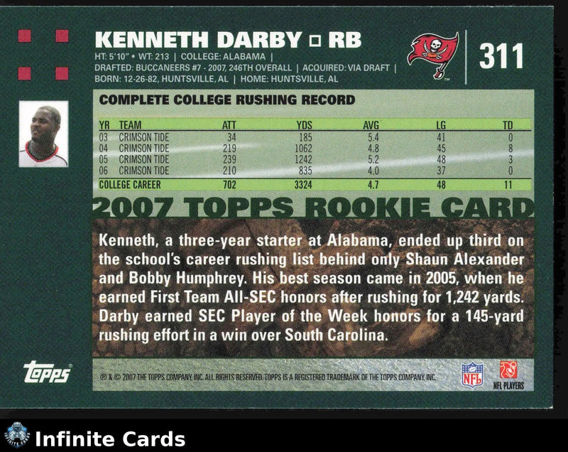 2007 Topps KENNETH DARBY #311 Tampa Bay Buccaneers RC - Football Card Single