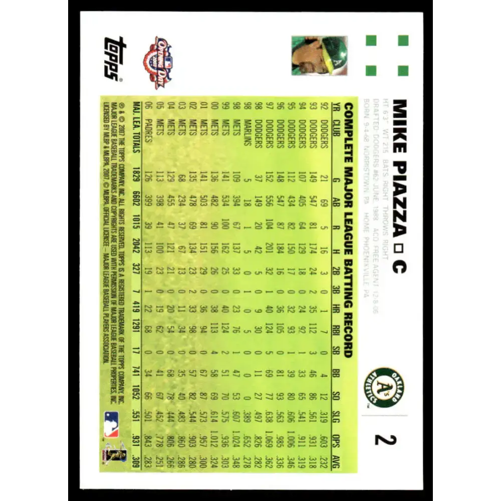 2007 Topps Opening Day #2 Mike Piazza EX/NM Oakland Athletics Baseball Card - Baseball Card Single