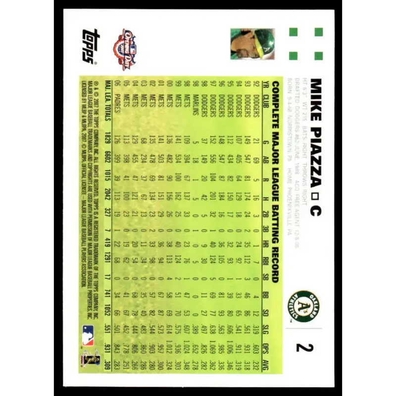2007 Topps Opening Day #2 Mike Piazza EX/NM Oakland Athletics Baseball Card - Baseball Card Single