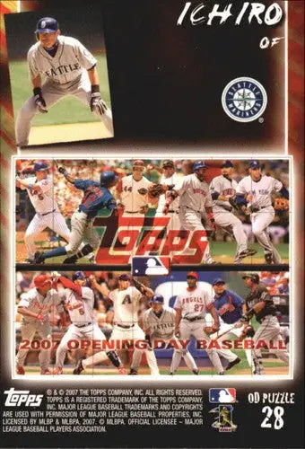 Back of a Topps Opening Day Ichiro Suzuki baseball trading card with action shots and 2007 Opening Day text
