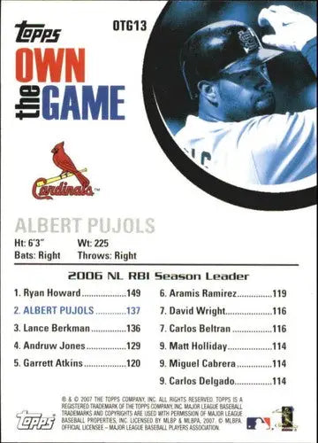Back of 2007 Topps Own the Game OTG13 Albert Pujols card with 2006 NL RBI stats