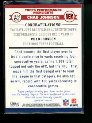 2007 Topps Performance Highlights Chad Johnson #THR-CJ Game-Worn Jersey Football - Sports Memorabilia