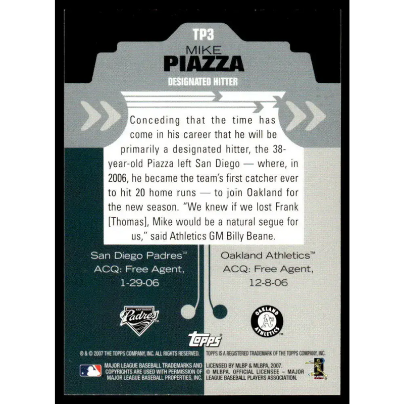 2007 Topps #TP3 Mike Piazza EX/NM San Diego Padres / Oakland Athletics Baseball Card - Baseball Card Single