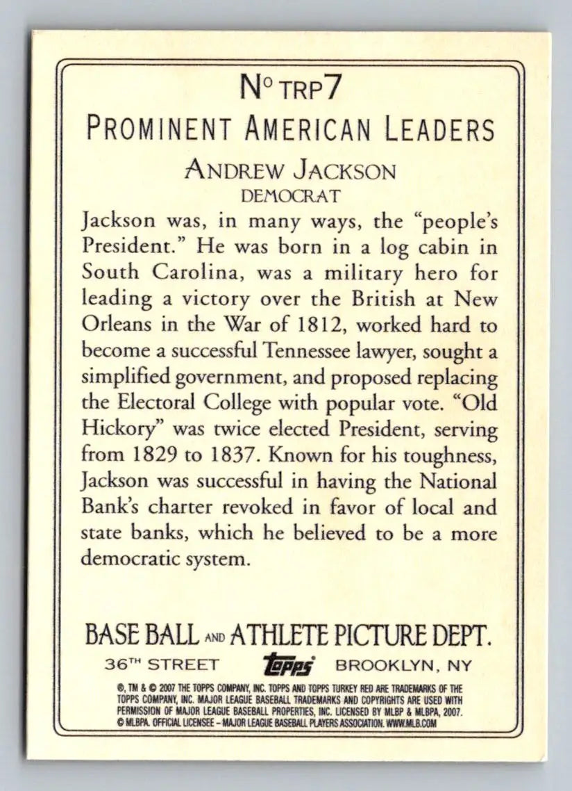 Andrew Jackson baseball card from 2007 Topps Turkey Red Prominent American Leaders set