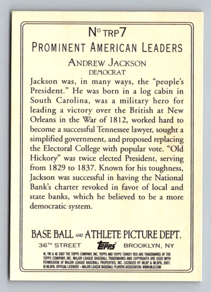 Andrew Jackson baseball card from 2007 Topps Turkey Red Prominent American Leaders set