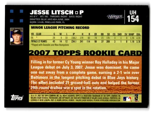 Jesse Litsch 2007 Topps Update rookie Blue Jays baseball card with original gloss