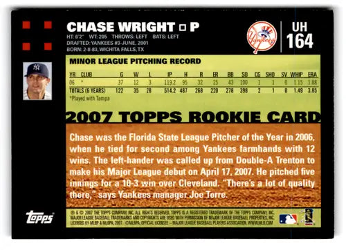 Original gloss Chase Wright baseball card from 2007 Topps Update Rookie Yankees