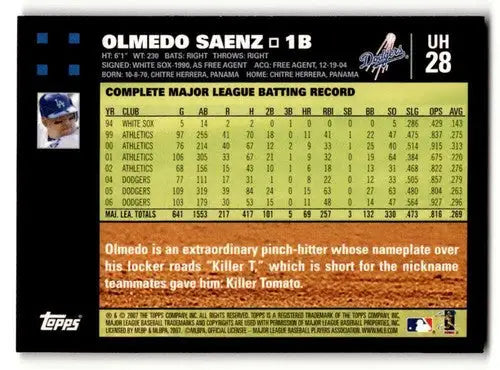 Olmedo Saenz baseball card with original gloss from 2007 Topps Updates Los Angeles Dodgers