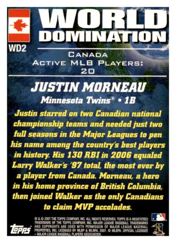 2007 Topps World Domination #WD2 Justin Morneau NM Near Mint Twins ID:65028 - Baseball Card Single