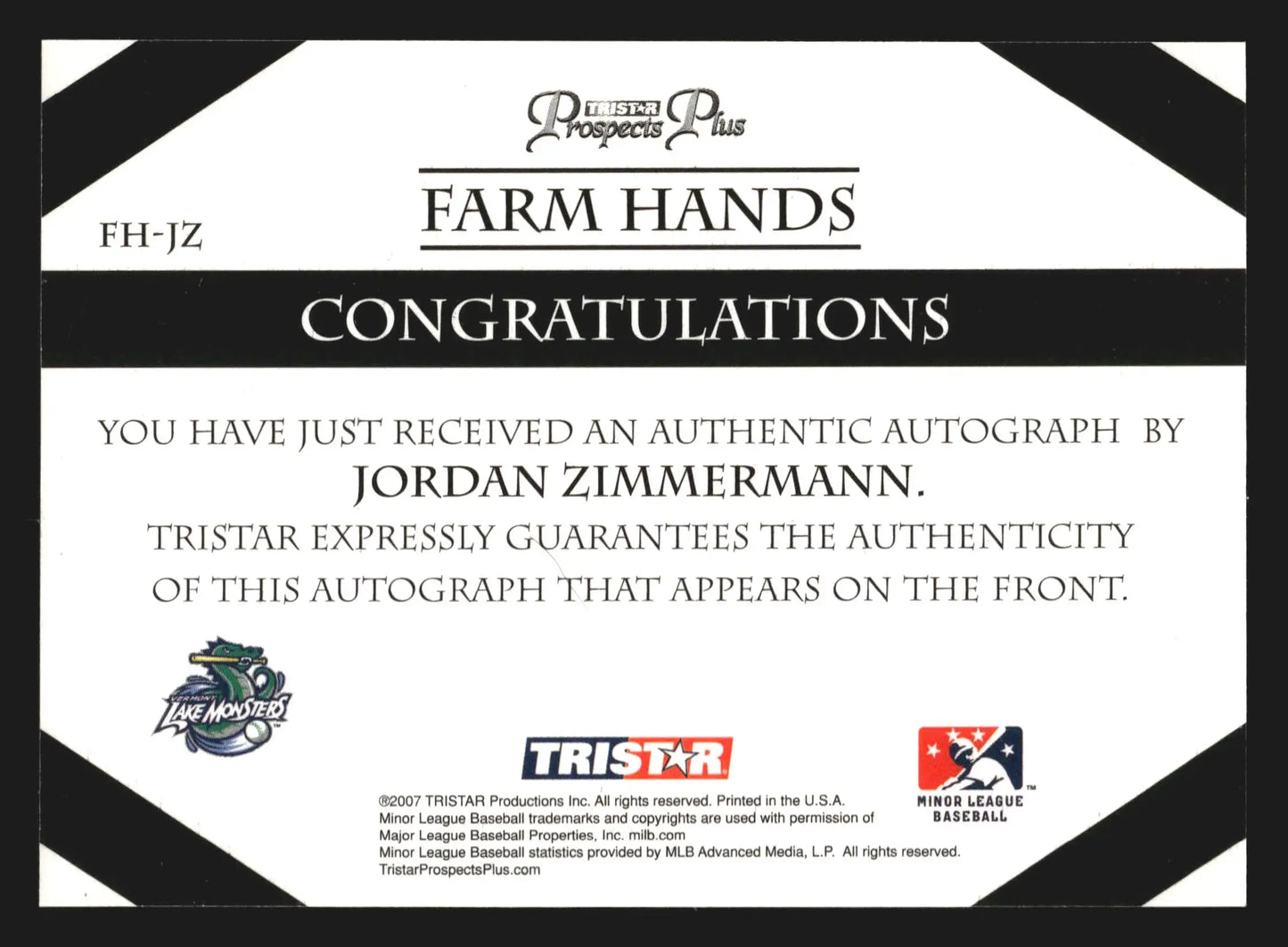2007 TriStar Prospects Plus Jordan Zimmermann #FH-JZ Farm Hands Auto - Baseball Card Single