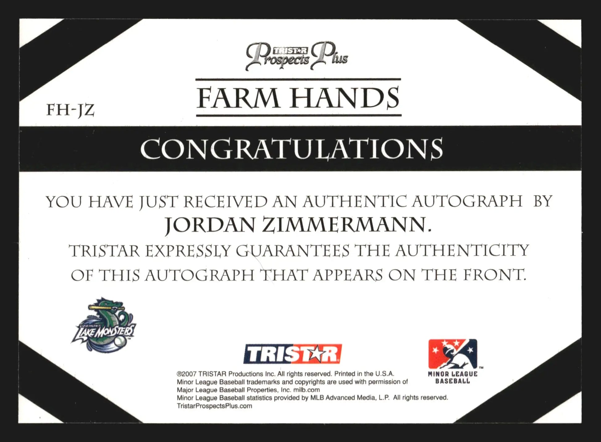 2007 TriStar Prospects Plus Jordan Zimmermann #FH-JZ Farm Hands Auto - Baseball Card Single