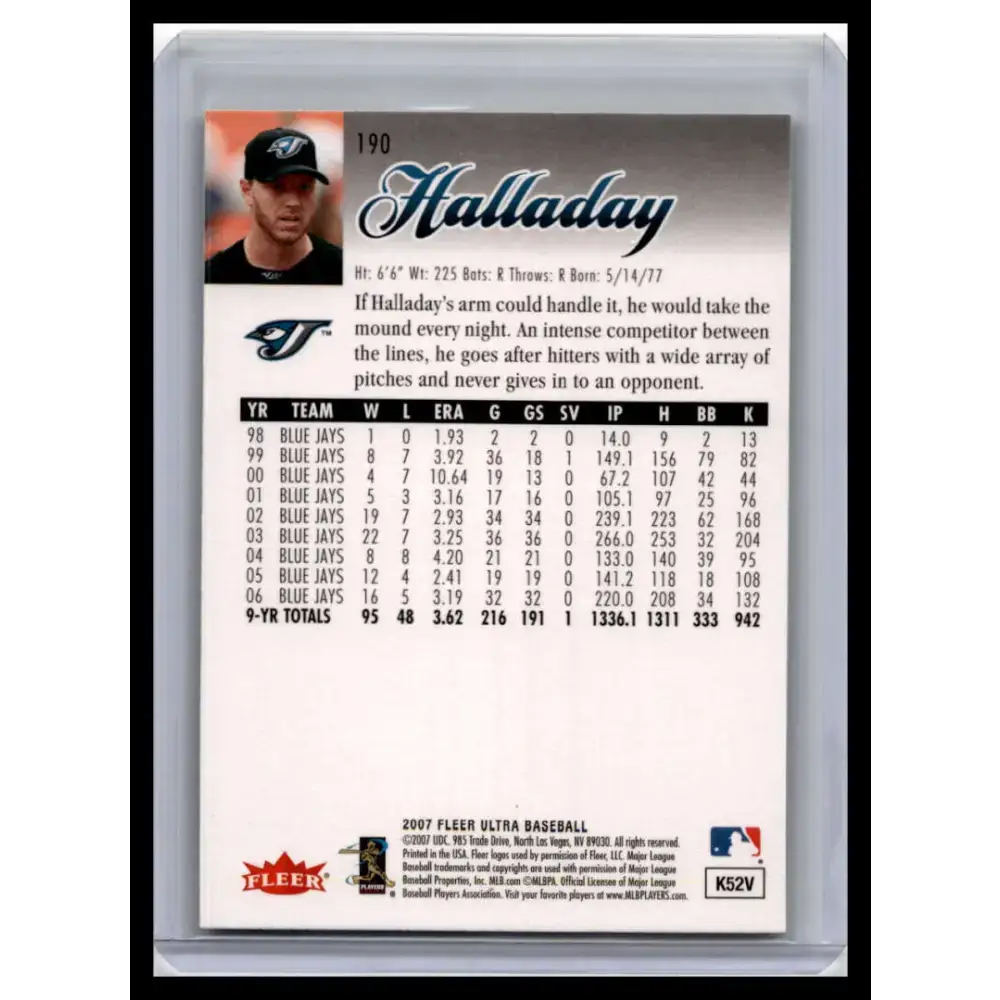 2007 Ultra #190 Roy Halladay NM-MT Toronto Blue Jays Baseball Card - Baseball Card Single