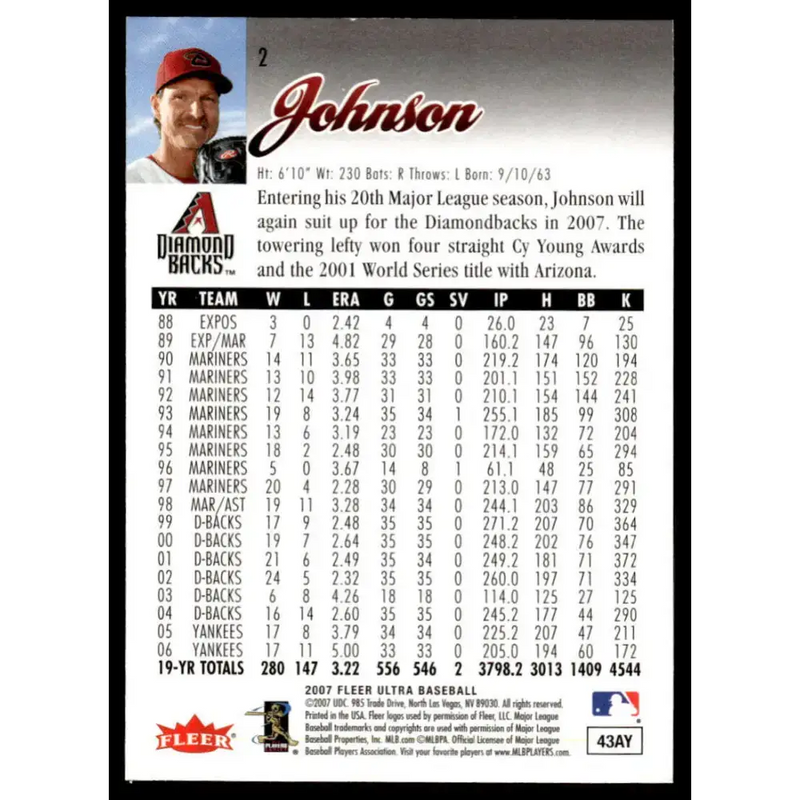 2007 Ultra #2 Randy Johnson EX/NM Arizona Diamondbacks Baseball Card - Baseball Card Single