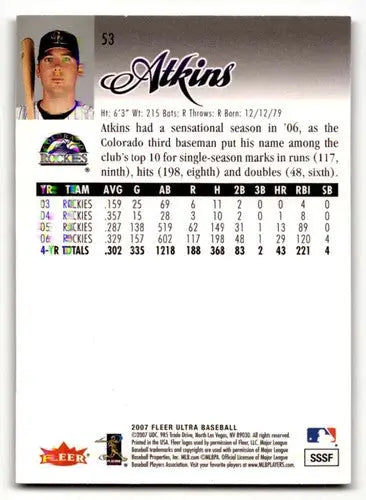 2007 Ultra #53 Garrett Atkins Colorado Rockies Baseball Cards EX/NM ID:64483 - Baseball Card Single