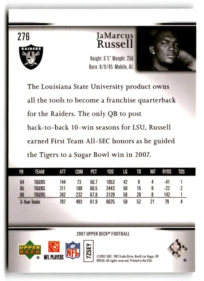 2007 Upper Deck #276 JaMarcus Russell Rookie Exclusives Star Rookies - Football Card Single