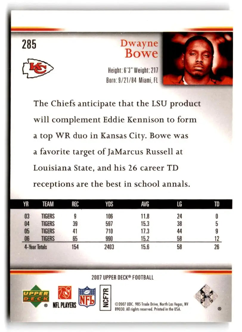 2007 Upper Deck #285 Dwayne Bowe Rookie Exclusives Star Rookies - Football Card Single