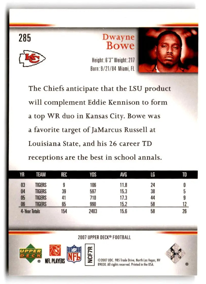 2007 Upper Deck #285 Dwayne Bowe Rookie Exclusives Star Rookies - Football Card Single