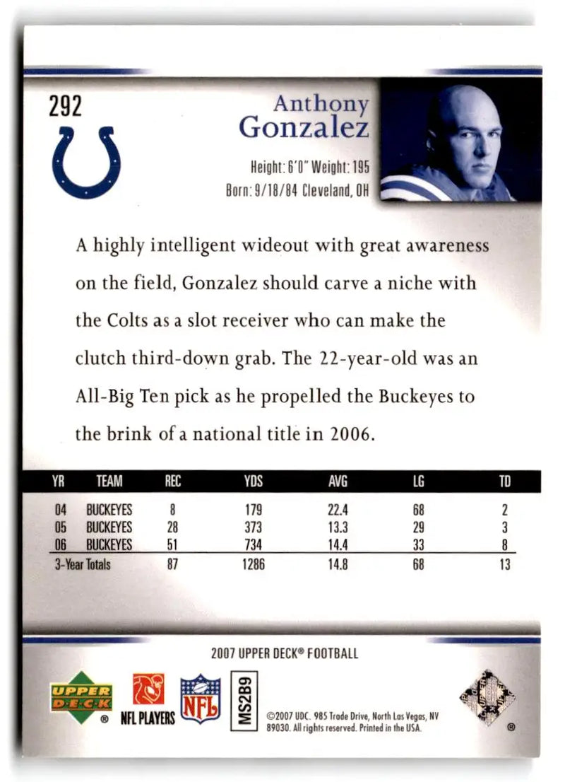 2007 Upper Deck #292 Anthony Gonzalez - Football Card Single
