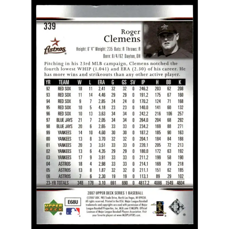2007 Upper Deck #339 Roger Clemens EX/NM Houston Astros Baseball Card - Baseball Card Single