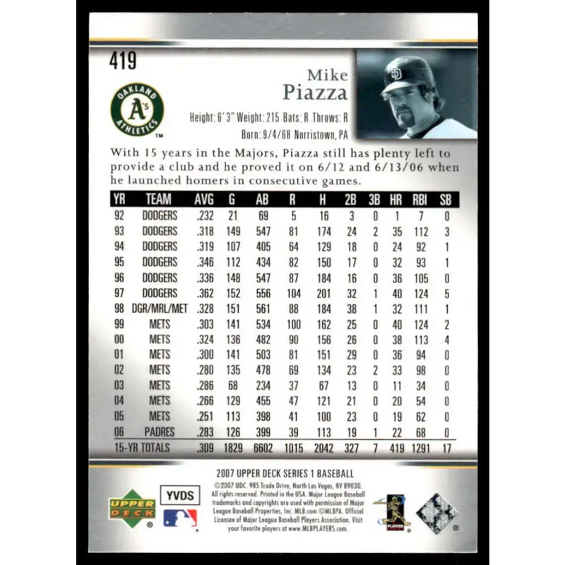 2007 Upper Deck #419 Mike Piazza EX/NM Oakland Athletics Baseball Card - Baseball Card Single
