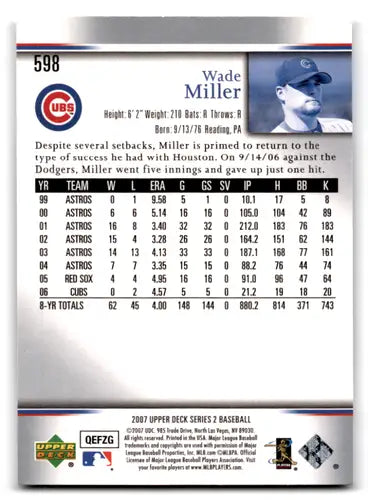 2007 Upper Deck #598 Wade Miller NM-MT Cubs ID:72500 - Baseball Card Single