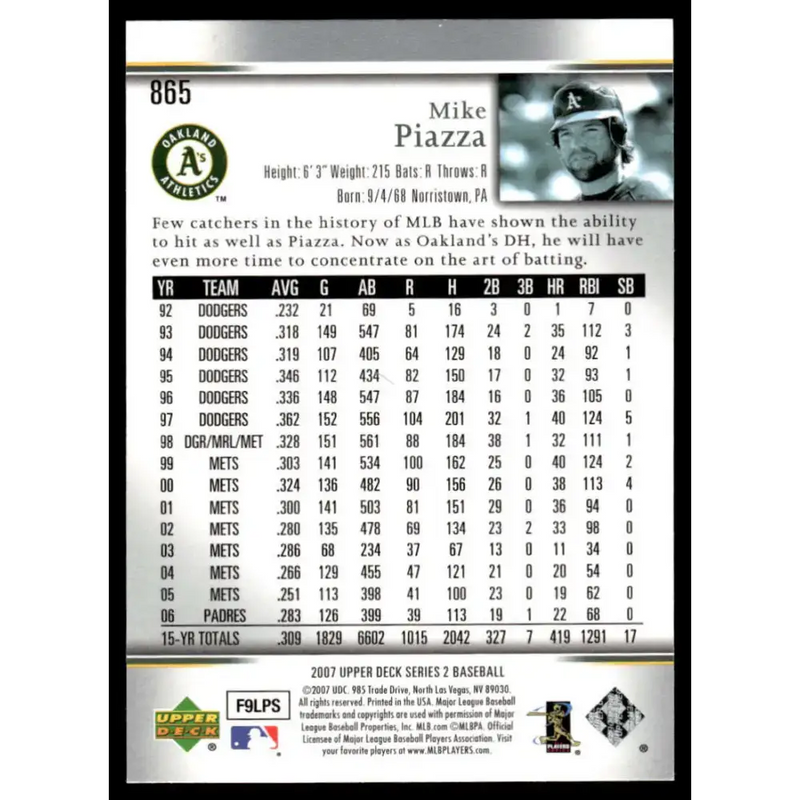 2007 Upper Deck #865 Mike Piazza EX/NM Oakland Athletics Baseball Card - Baseball Card Single