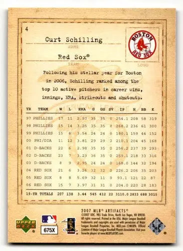 2007 Upper Deck Artifacts #4 Curt Schilling Boston Red Sox Baseball ID:63515 - Baseball Card Single