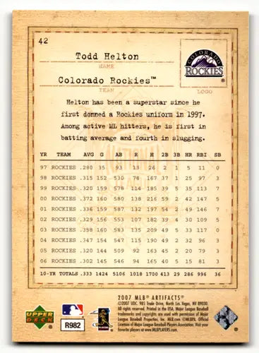 2007 Upper Deck Artifacts Todd Helton baseball card featuring Rockies player in Near Mint condition