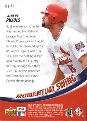 2007 Upper Deck Momentum Swing Albert Pujols baseball trading card near mint condition