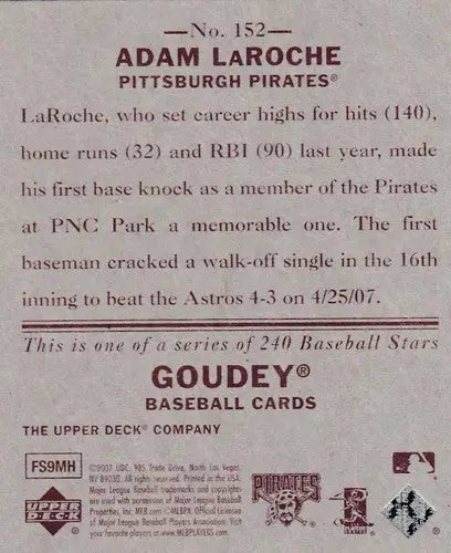 Back of a baseball trading card from 2007 Upper Deck Goudey featuring Adam LaRoche