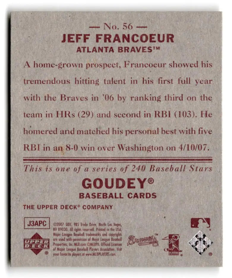 2007 Upper Deck Goudey #56 Jeff Francoeur Red Backs - Baseball Card Single