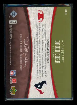 2007 Upper Deck NFL Artifacts David Carr #AFC-DC Jersey Patch Football - Sports Memorabilia