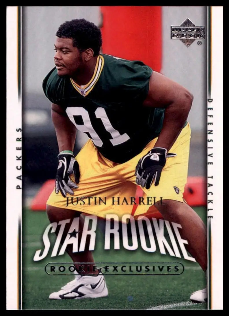 Green and yellow Justin Harrell NFL jersey with number 81 and brown shorts