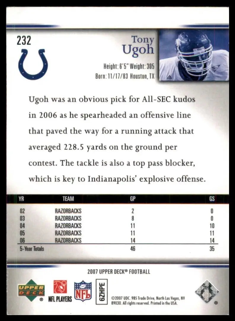 2007 Upper Deck Rookie Exclusives Tony Ugoh football card featuring Indianapolis Colts star rookie