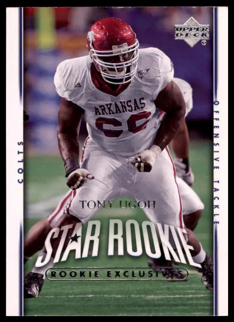 Football trading card featuring Tony Ugoh in Arkansas uniform from 2007 Upper Deck Rookie Exclusives