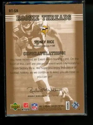 2007 Upper Deck SP Rookie Threads Sidney Rice #RT-SR Authentic Mem 161/225 - Football Card Single